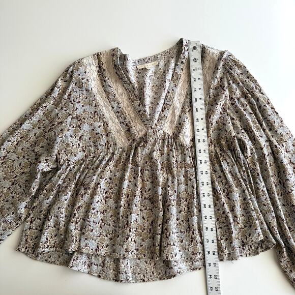 Promesa Lace Detail Shirred Swing Floral Peasant Sleeve V Neck Cropped Blouse M - Picture 6 of 8